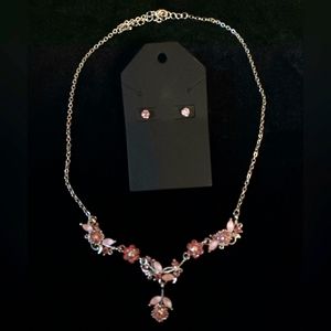 Silvertone - Rhinstone Flower Necklace & .925/Pink CZ Stud Earrings